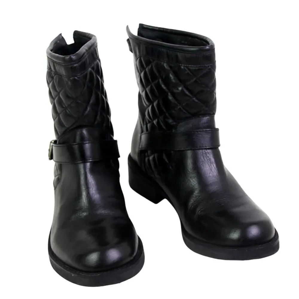 Matisse QUILTED BLACK REAL LEATHER LOW HEEL BELTED PULL ON ANKLE BOOTS Sz 9.5M